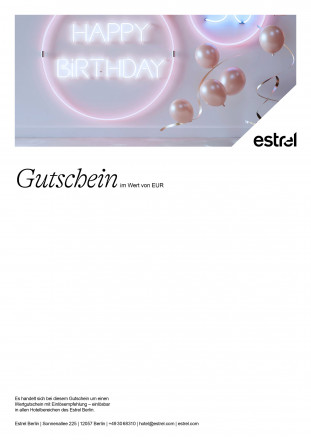 Gutschein Happy Birthday Neonlight und Ballons